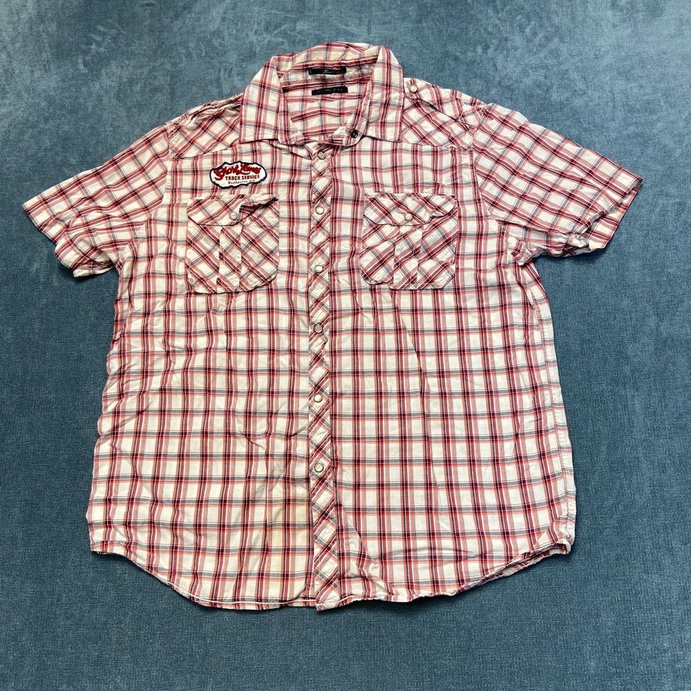 Twenty One Fitted Shirt Mens XL Red White Plaid Cotton Button Up Pearl Snap